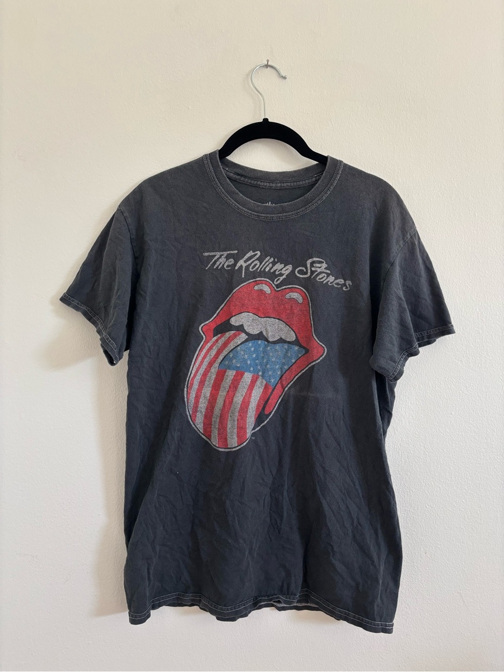 the Rolling Stones Black Tee with Red & Blue Tongue Graphic